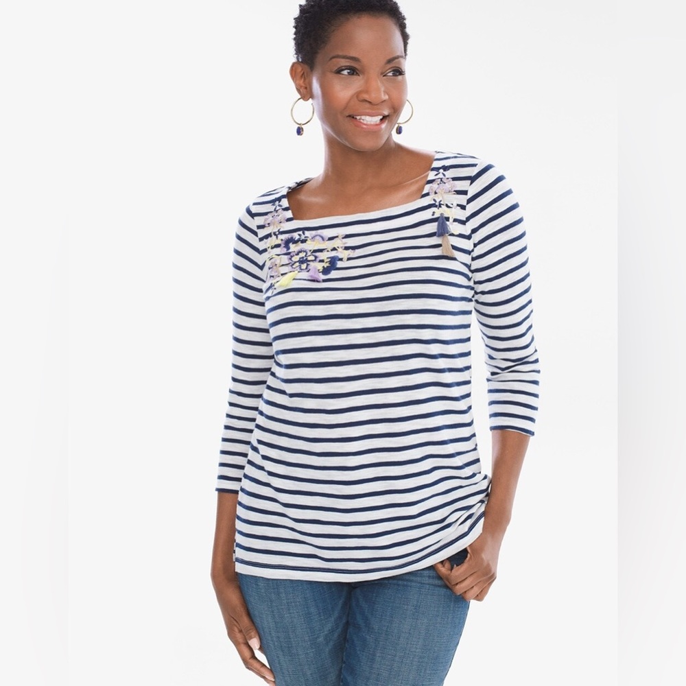 Chicos  top Chronicle Striped Embroidered Tee  SZ -2
